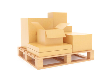 Different size product boxes on wooden pallet, manufacturing, export, industry business, 3d rendering.