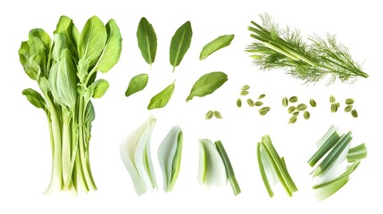 Clipart featuring whole fennel leaves and seeds isolated on a clean white background for culinary designs.