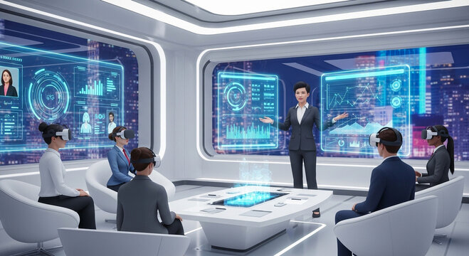 A business meeting in a futuristic room, with people wearing VR headsets and a presenter standing in front of digital screens.
