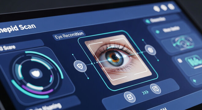 Digital eye scan interface displays biometric data and recognition results.