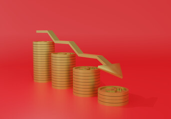 Coins and financial symbols in recession direction on red background. 3D rendering.