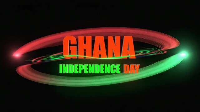 Text design for Ghana Independence Day. The words 'GHANA' and 'INDEPENDENCE DAY' are prominently displayed in vibrant orange and green colors against a black background.