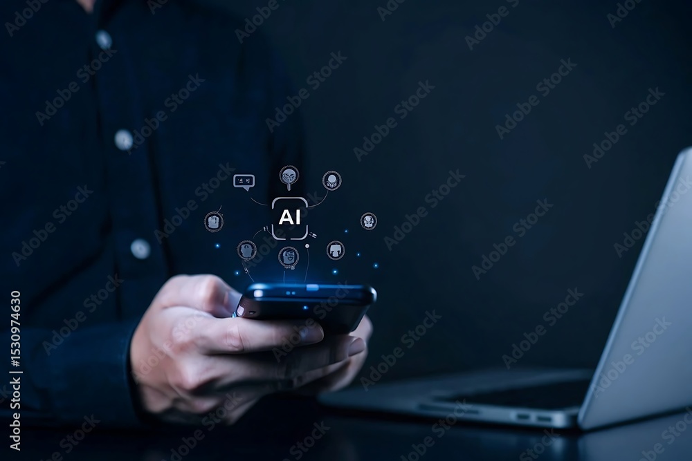 Poster ai hacker holding a glowing red chip symbolizing artificial intelligence in cybercrime, darkweb, and
