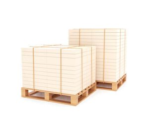 Ready to ship goods placed on wooden pallets, manufacturing, export, industrial business, 3D rendering.