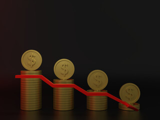 Coins and financial symbols, in the direction of the economic downturn, 3D rendering.