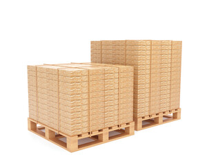 Product boxes on wooden pallets, manufacturing, export, industrial business, 3D rendering