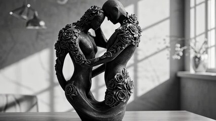 A striking black and white sculpture of a couple embracing.