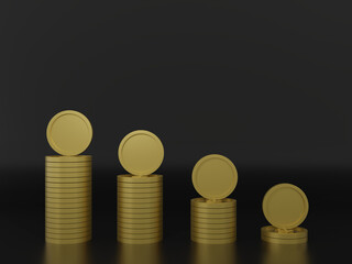 Coins and financial symbols in recession direction on black background. 3D rendering