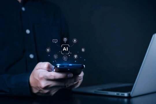 AI hacker holding a glowing red chip symbolizing artificial intelligence in cybercrime, darkweb, and digital technology threat for cybersecurity and malware protection. businessman using laptop. - Powered by Adobe