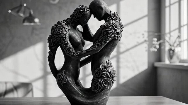 A striking black and white sculpture of a couple embracing.