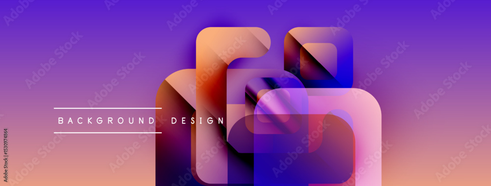 Poster abstract geometric shapes overlap, creating vibrant purple, blue, orange gradient. text reads backgr