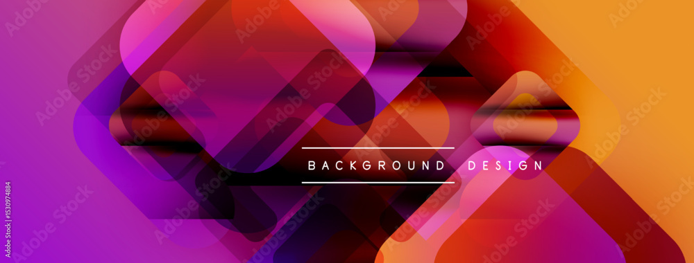 Poster abstract geometric shapes overlap, creating vibrant gradient effect. purple, orange, red hues domina