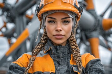 A female engineer with extensive expertise is supervising the setup of wind turbines at a facility focused on renewable energy, emphasizing the value of collaboration and environmental responsibility