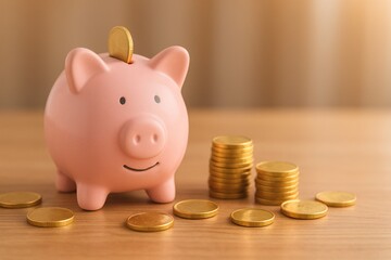 Piggy Bank with Partial Savings on Wooden Table