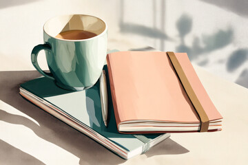 Fototapeta premium Illustration with coffee cup beside stacked notebooks and pen on a table, showcasing a cozy workspace atmosphere with soft shadows and natural light