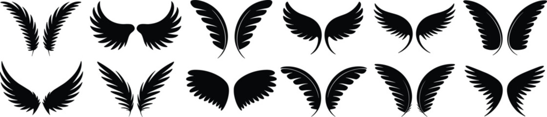 Black angel wings silhouette set, vector wing design, fantasy bird feathers, isolated icons for tattoo, logo, or graphic decoration