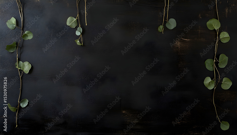 Poster dark moody background with eucalyptus branches and leaves, creating a frame for text or design eleme
