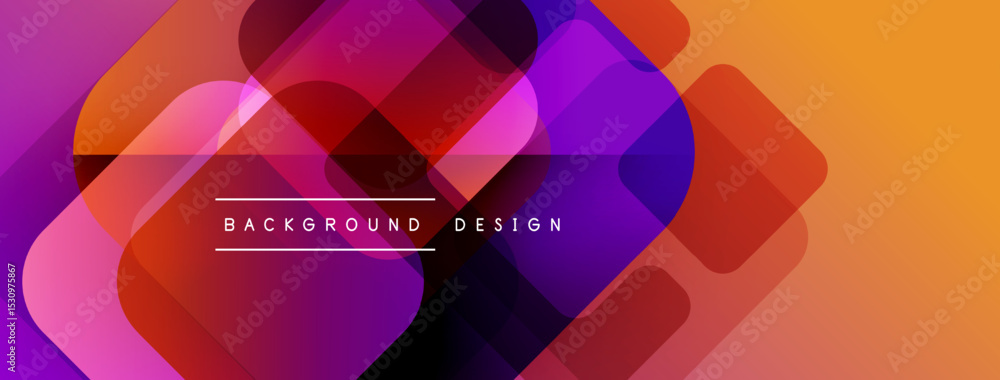Poster abstract geometric shapes overlap, creating vibrant gradient effect. orange, purple, red hues domina