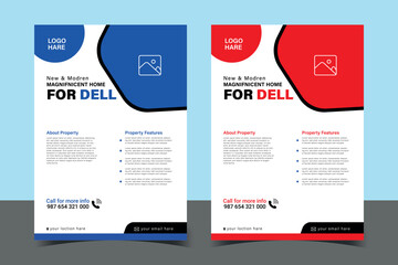 Obraz premium real estate property sale flyer template in red and blue colors with contact details and layout blocks 