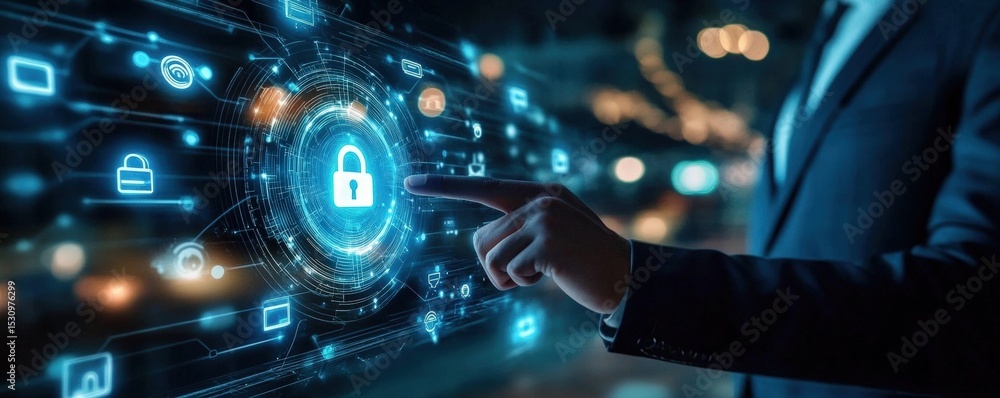 Poster a person interacts with a futuristic digital interface displaying a holographic lock symbolizing cyb