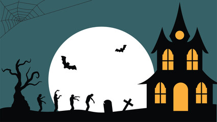 A Pack of Zombies Walking Towards a Scary Halloween House in Moonlight. Cultural and religious autumn season holiday vector art