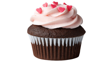 Isolated chocolate cupcake on transparent background with pink frosting and heart decoration
