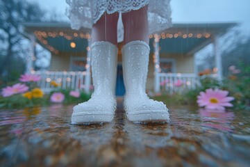 Fototapeta na wymiar A man wearing rubber boots in a flooded house is a creative representation of the effects of natural disasters, evoking feelings of empathy and raising awareness through a powerful visual story