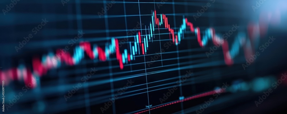 Poster a digital financial chart displaying a fluctuating line graph with red and blue candlesticks on a da