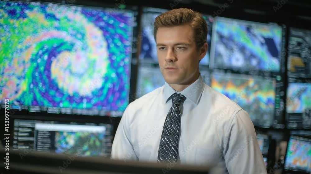 Aufkleber meteorologist stands before multi-screen display showing swirling hurricane pattern, vibrant color-c
