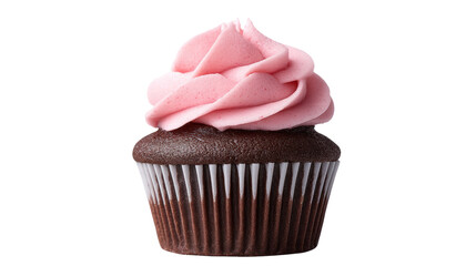 Isolated chocolate cupcake on transparent background with pink frosting on top