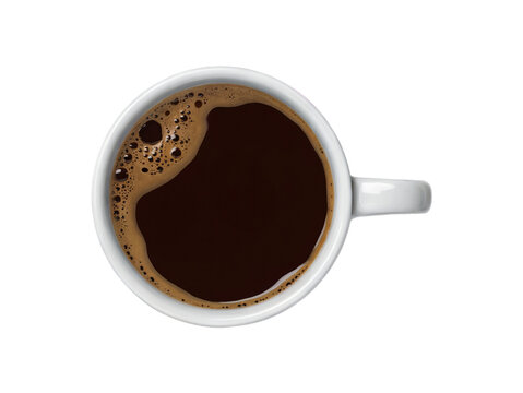 Overhead view of a fresh cup of dark coffee beverage hot mug top warm food on transparent background