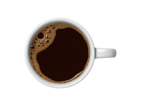 Overhead view of a fresh cup of dark coffee beverage hot mug top warm food on transparent background