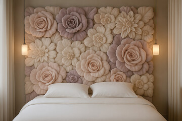 Elegant bedroom with a stunning floral headboard featuring pastel roses and other flowers creating a romantic atmosphere