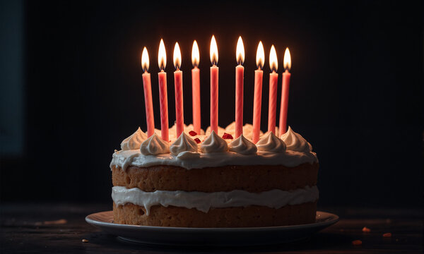 A birthday cake with lit candles on top