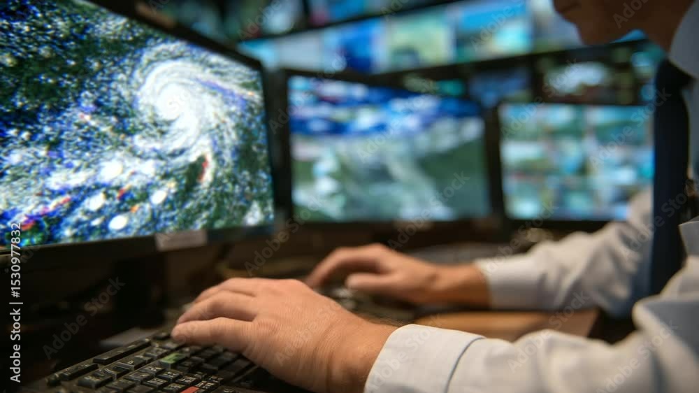 Aufkleber close-up of forecaster's hands typing data into terminal, surrounding monitors show hurricane trajec