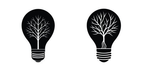 Light Bulb With Tree Roots Below It Symbolizing Growth Silhouette on White Background