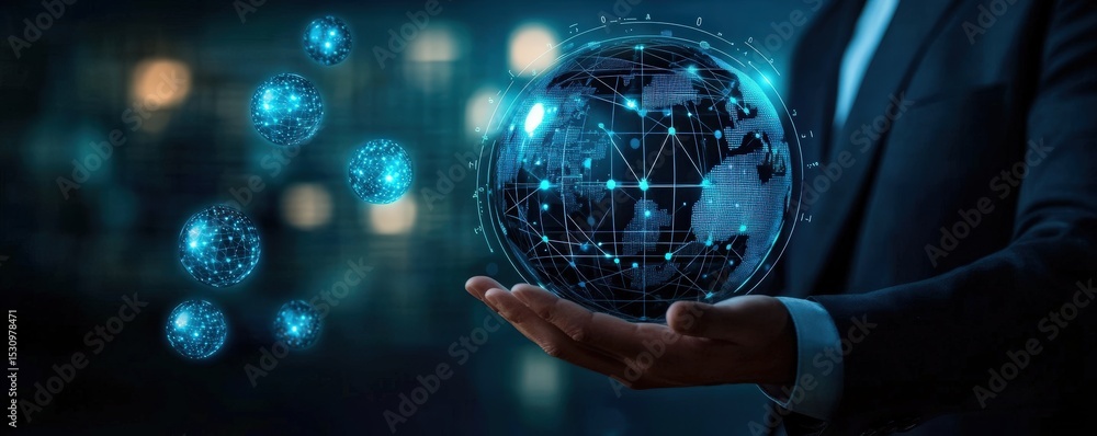 Poster a person in a suit holds a glowing digital globe with interconnected nodes, symbolizing global techn