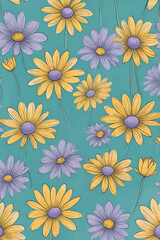 Retro Blue and Yellow Floral Pattern on Turquoise

