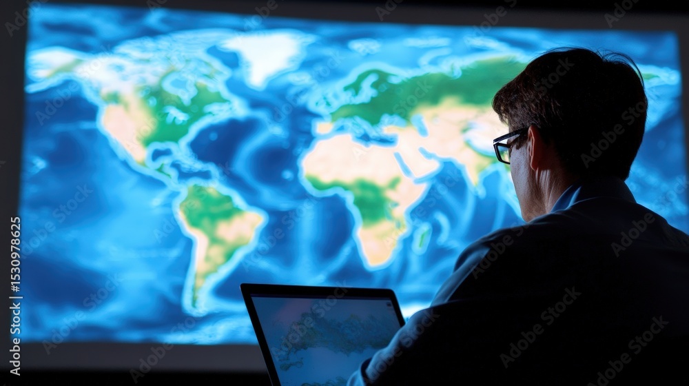 Poster a person using a laptop is analyzing a colorful, illuminated world map displayed on a large screen i