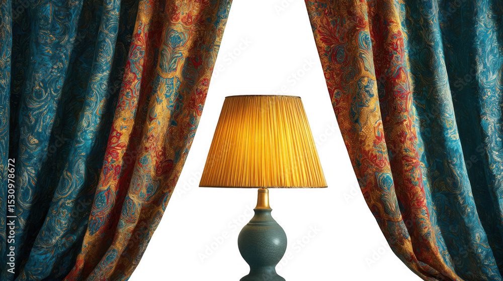 Poster elegant, illuminated lamp with a yellow shade and teal base positioned between mismatched patterned 
