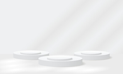 Elegant Minimalist White Podium Scene with Arched Backdrops. Perfect for Luxury Product Display , Modern Branding. 3D white podium White background with light and shadow. Luxury Fashion Stage Mockup.