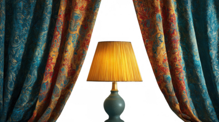 Elegant, illuminated lamp with a yellow shade and teal base positioned between mismatched patterned curtains against a transparent background, enhancing stylish interior design