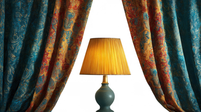 Elegant, illuminated lamp with a yellow shade and teal base positioned between mismatched patterned curtains against a transparent background, enhancing stylish interior design