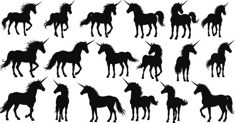 Collection of unicorn silhouette designs, magical mythical horse illustrations, fantasy black vector set, horned creatures for mystical artwork use