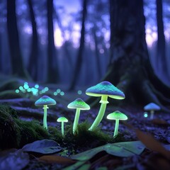 A highly realistic close-up photograph of bioluminescent mushrooms glowing softly in a damp forest floor at dusk. The ambient light is low, with a faint purple and blue twilight sky.