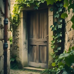 A close-up, realistic photo of an aged wooden door surrounded by stone walls and green ivy in a quaint European village alley. Soft morning or evening lighting with visible natural shadows. 