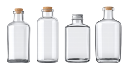 Glass bottles standing side by side on transparent background with cork and metal caps
