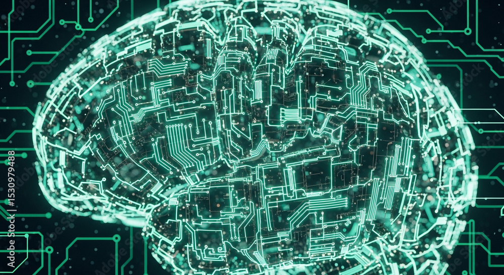 Poster digital brain rendered with circuit board patterns, glowing in a futuristic, technological design.