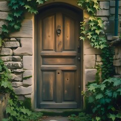A close-up, realistic photo of an aged wooden door surrounded by stone walls and green ivy in a quaint European village alley. Soft morning or evening lighting with visible natural shadows. 