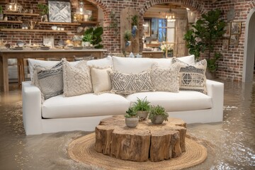 Stock photo depicting a flooded living room with murky water covering the floor and furniture, showcasing the destructive impact of natural disasters on homes